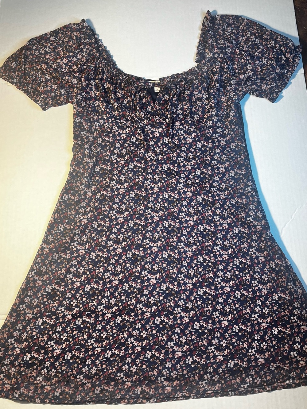 Rewind Navy Floral Off-Shoulder Mini Dress Skater Fit Juniors Sz M